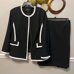 Black Emily suit, white trim. A-line skirt with split, fully lined, gently worn.